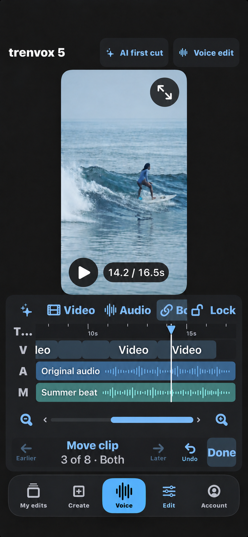 Illustrative Trenvox iPhone screen with surfing footage and example video, audio and music tracks
